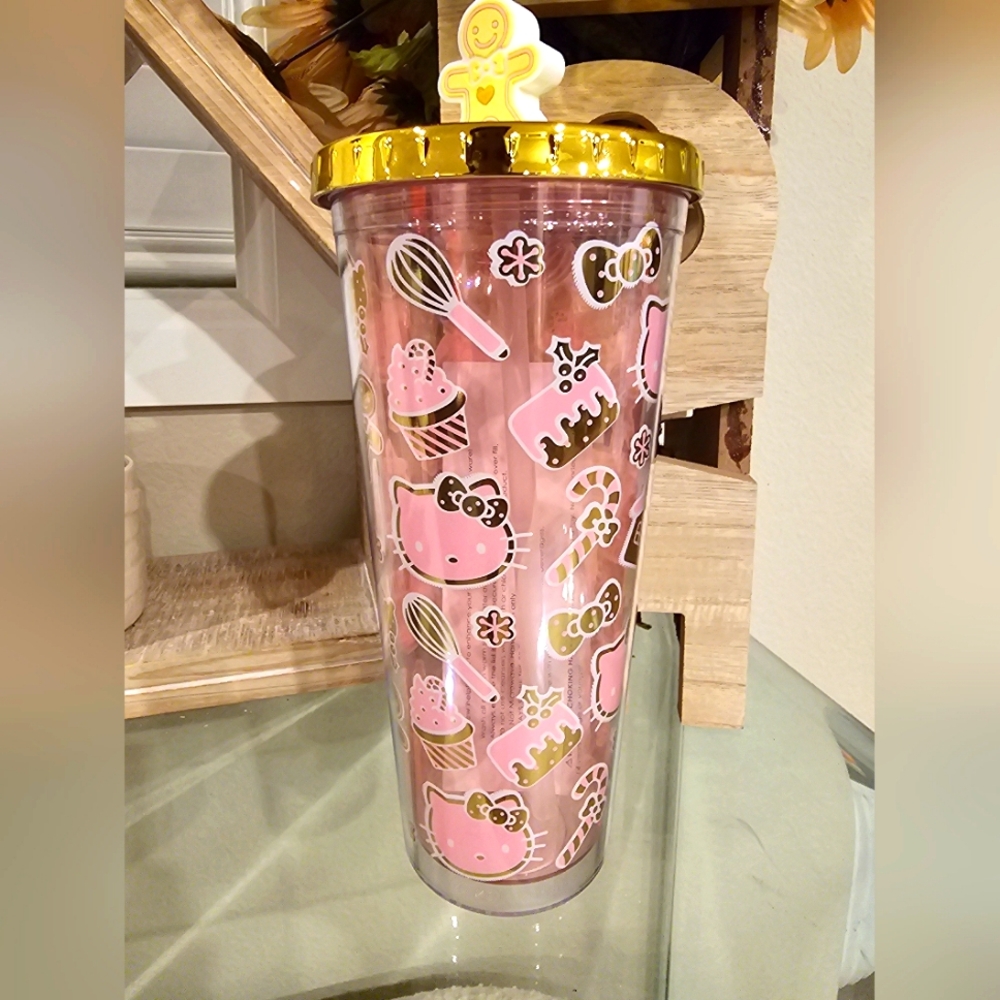 Hello Kitty Gold Tumbler with Gingerbread straw topper.